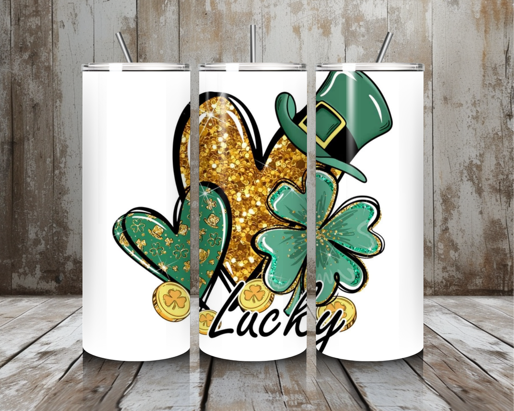 20 oz Lucky Glitter Shamrock & Gold Heart St. Patrick’s Day Tumbler – Lid + Stainless Steel Straw