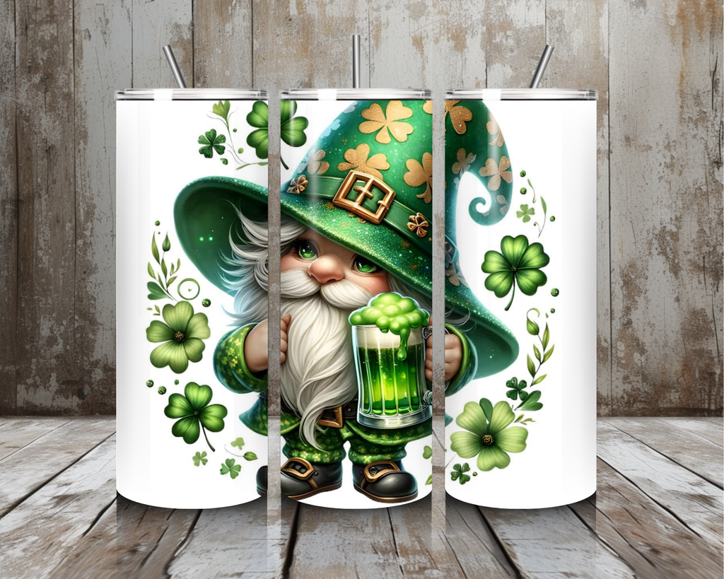 20 oz Green Beer Gnome St. Patrick’s Day Tumbler – Leprechaun Hat Shamrock Cup – Lid + Stainless Steel Straw