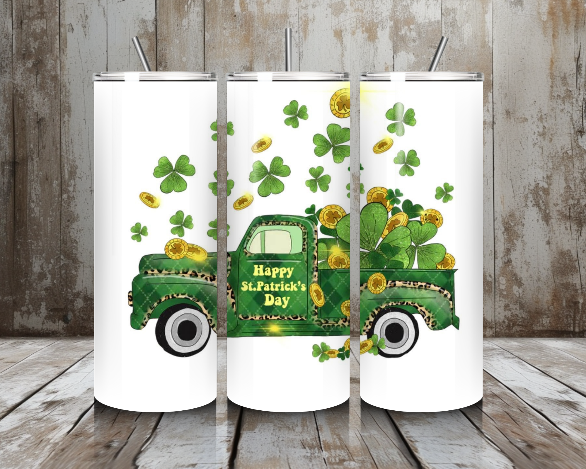 20 oz Happy St. Patrick’s Day Shamrock Truck Tumbler (Leopard Trim) – Lid + Stainless Steel Straw