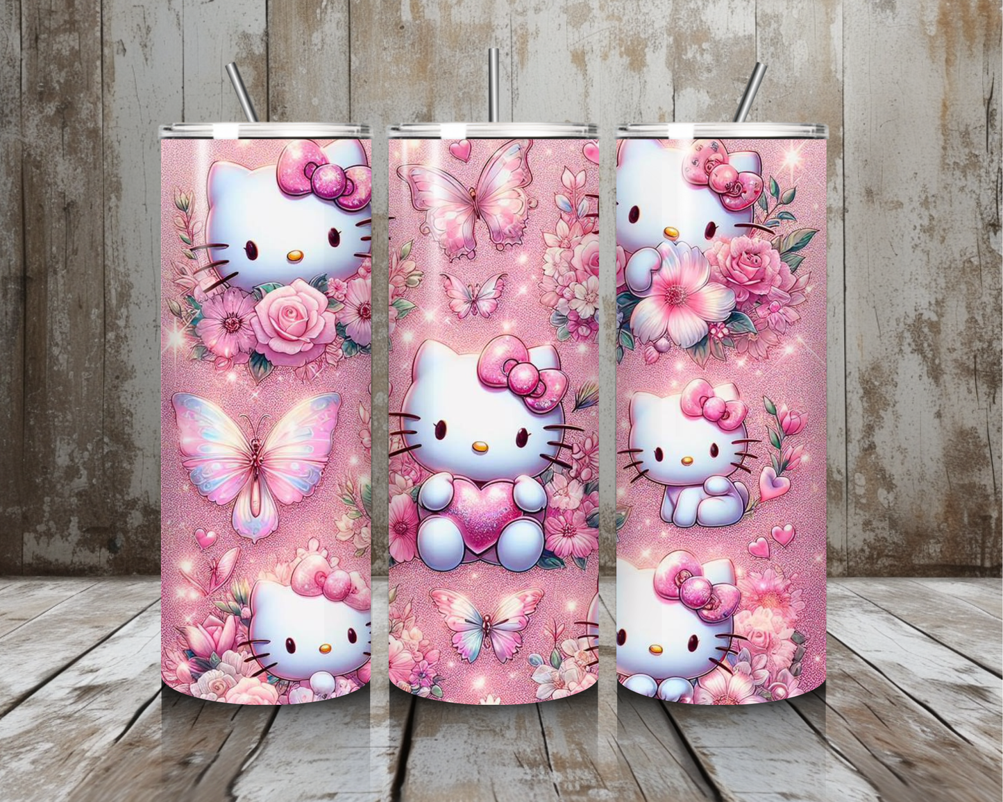 20 oz Pink Kitty Floral Butterfly Glitter Stainless Steel Tumbler – Lid + Stainless Steel Straw