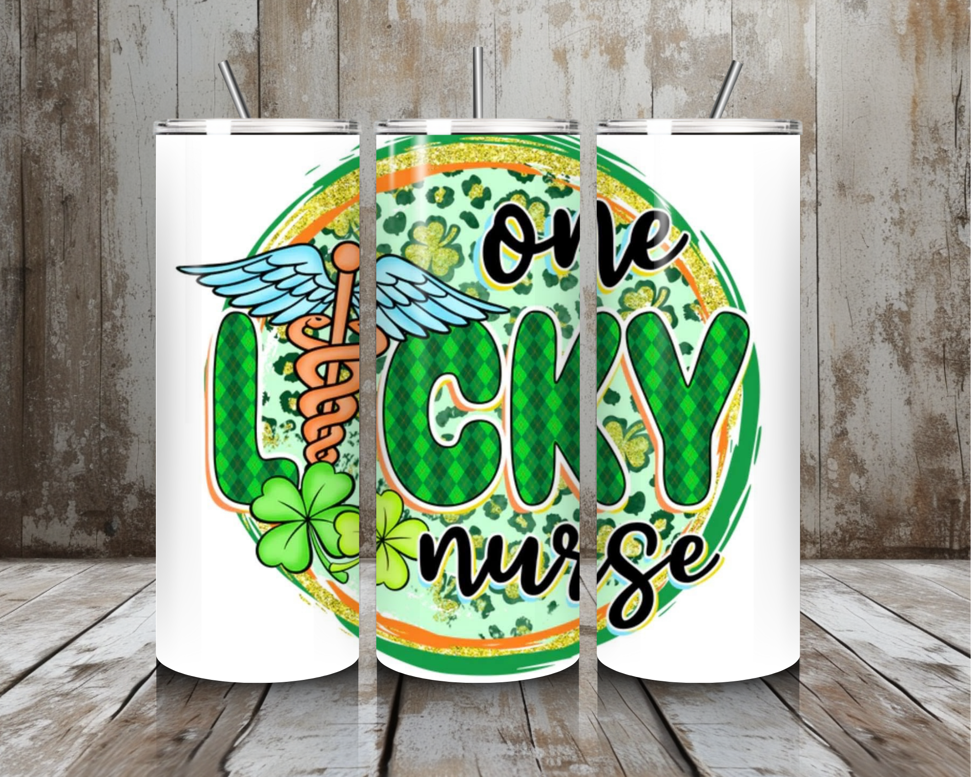 20 oz One Lucky Nurse St. Patrick’s Day Tumbler – Shamrock + Caduceus Plaid Design (Lid + Straw)