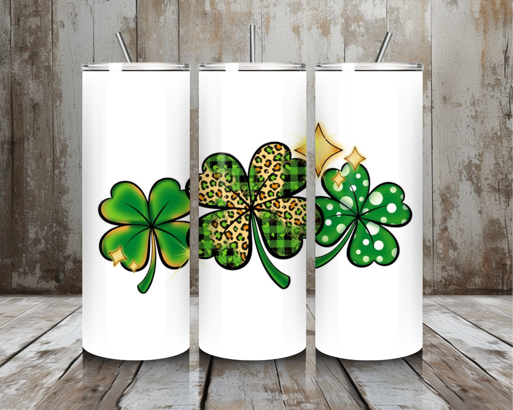 20 oz Triple Shamrock Lucky Clover St. Patrick’s Day Tumbler – Lid + Stainless Steel Straw