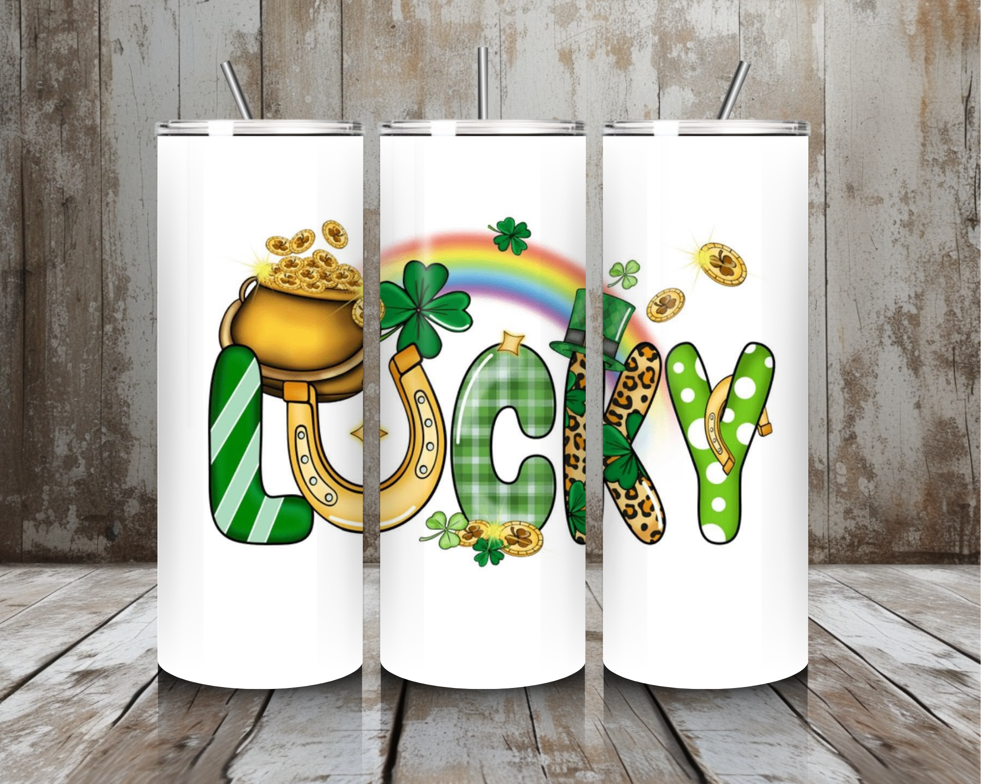 20 oz Lucky St. Patrick’s Day Tumbler – Plaid + Leopard Lucky Word Design (Lid + Straw)
