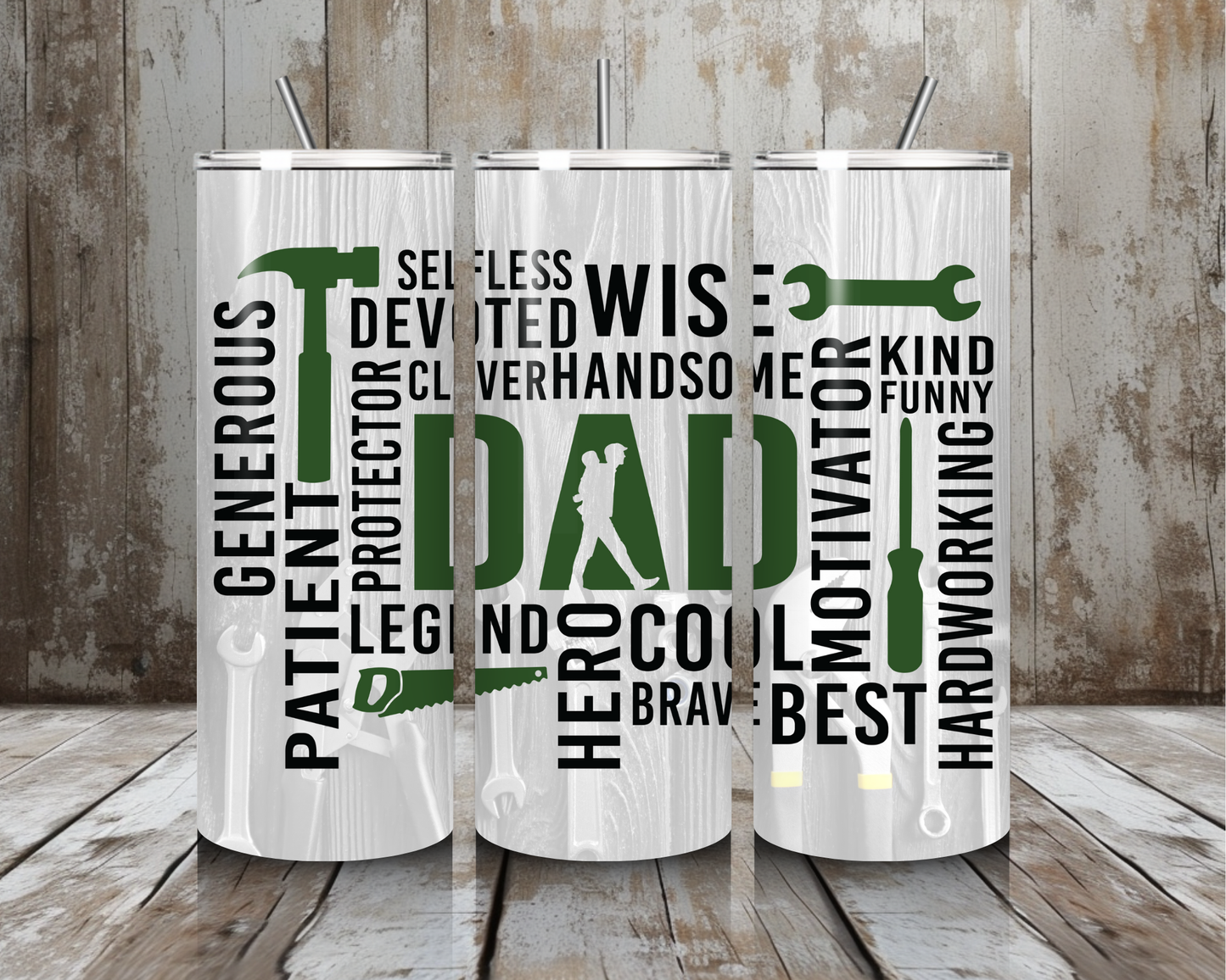 20 oz Handyman Dad Stainless Steel Tumbler – Tool Word Art Design (Lid + Straw)