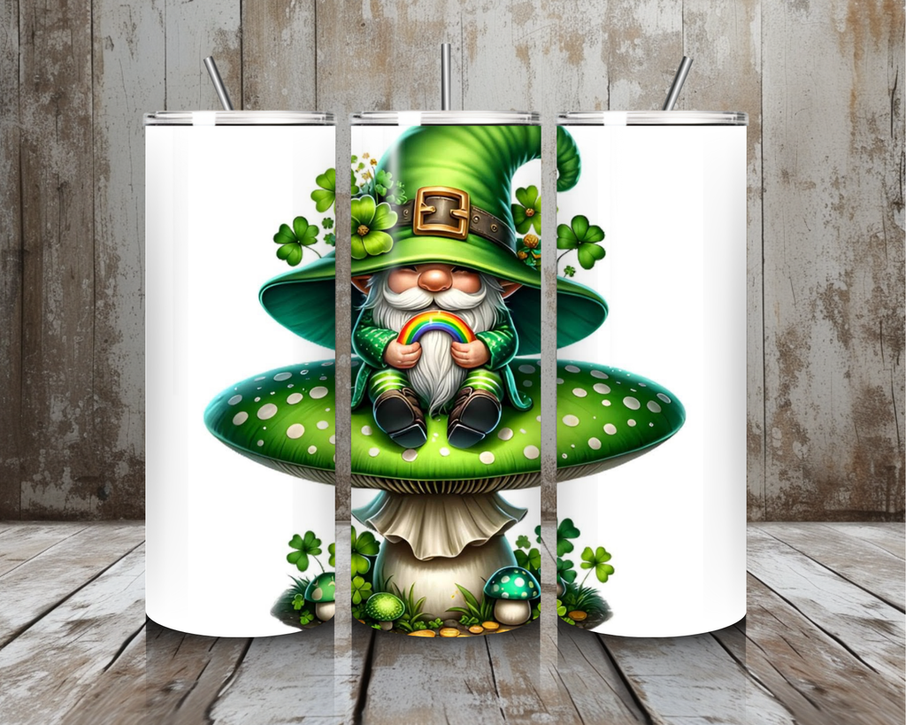 20 oz Rainbow Gnome St. Patrick’s Day Tumbler – Lucky Shamrock Mushroom Cup – Lid + Stainless Steel Straw