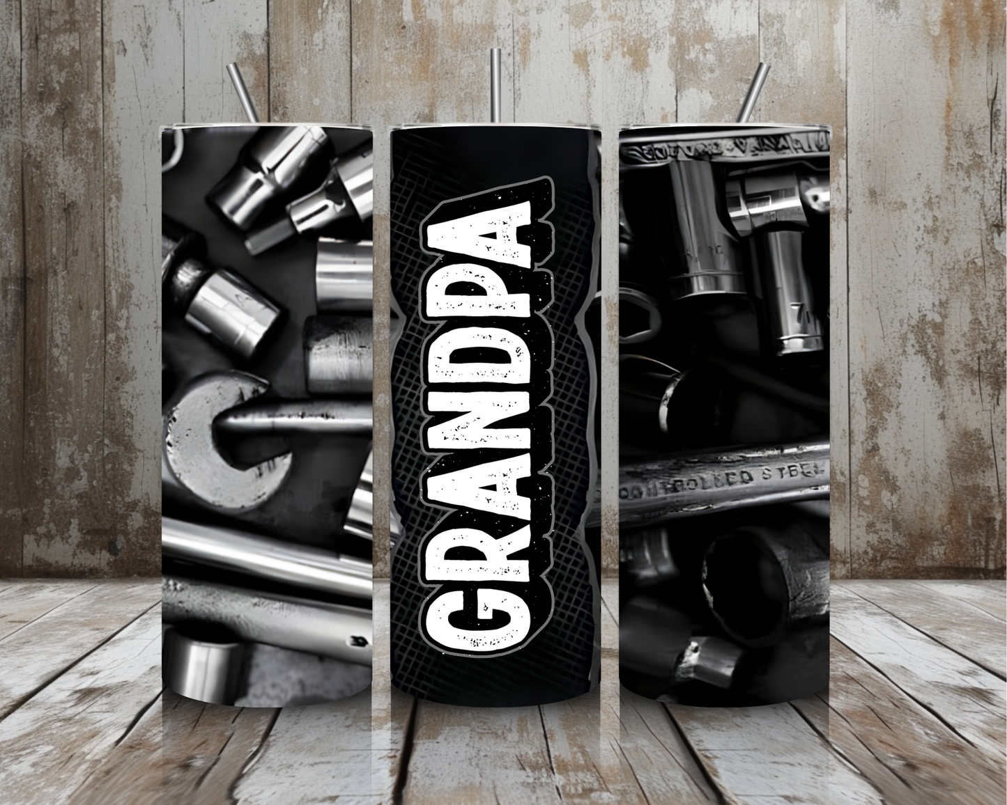 20 oz Grandpa Stainless Steel Tumbler – Black & Silver Tool Shop Design (Lid + Straw)