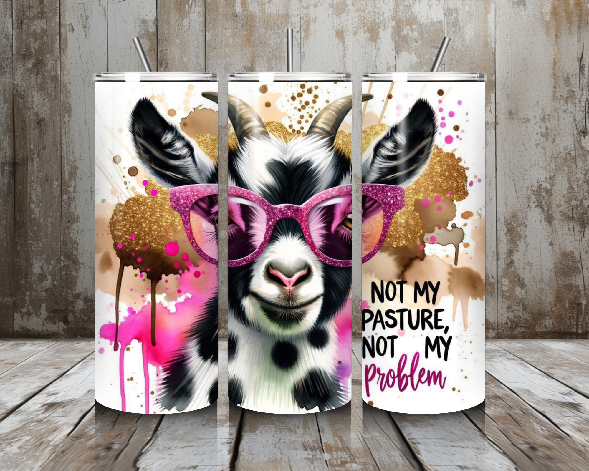 20 oz “Not My Pasture, Not My Problem” Stainless Steel Tumbler – Sassy Goat in Pink Glitter Glasses (Lid + Straw)