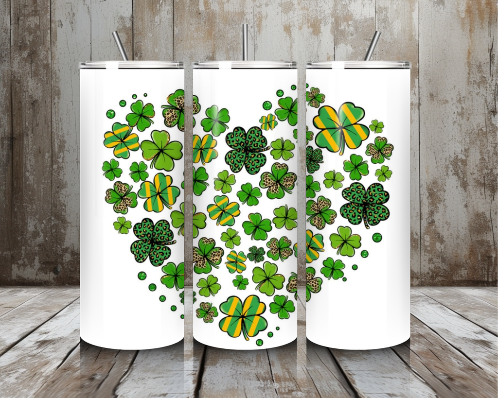 20 oz Lucky Shamrock Heart St. Patrick’s Day Tumbler – Leopard + Green/Gold Stripes (Lid + Straw)