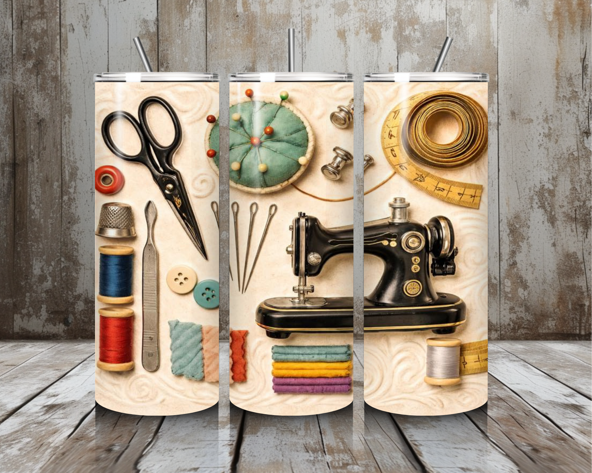 20 oz Vintage Black Sewing Machine & Notions Stainless Steel Tumbler – Lid + Stainless Steel Straw