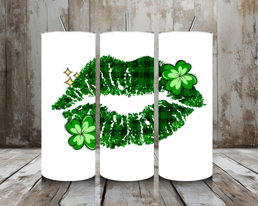 20 oz Lucky Green Plaid Shamrock Kiss Print St. Patrick’s Day Tumbler – Glitter Lips (Lid + Straw)