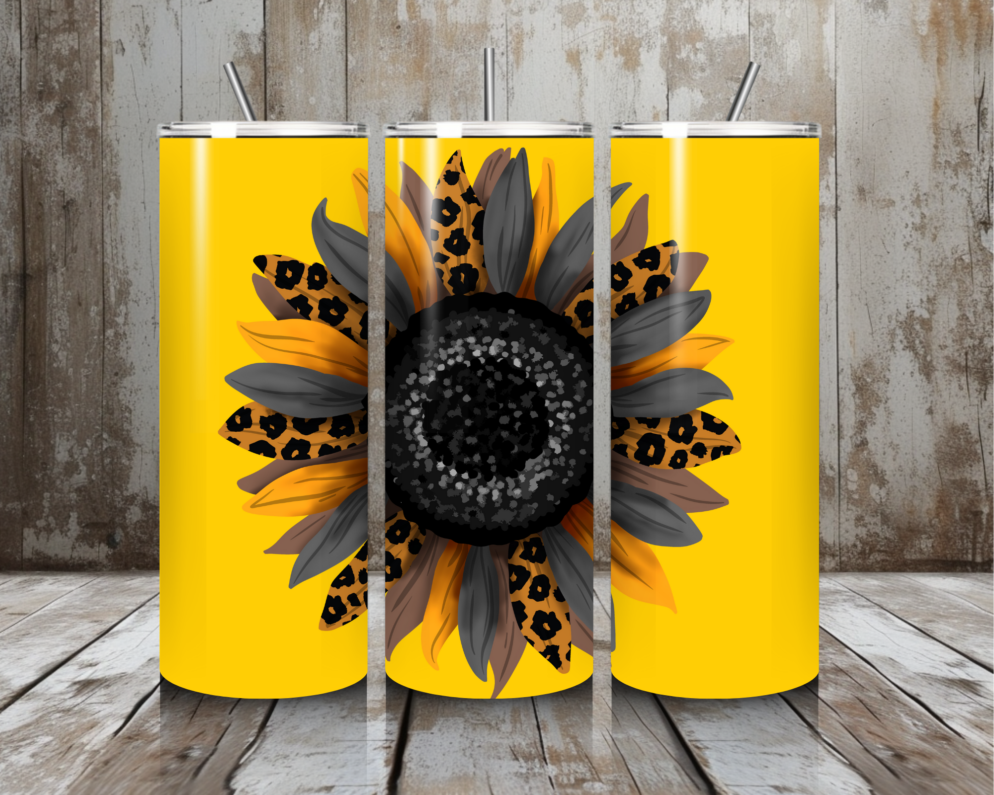 20 oz Leopard Sunflower Stainless Steel Tumbler – Bold Yellow Background (Lid + Straw)