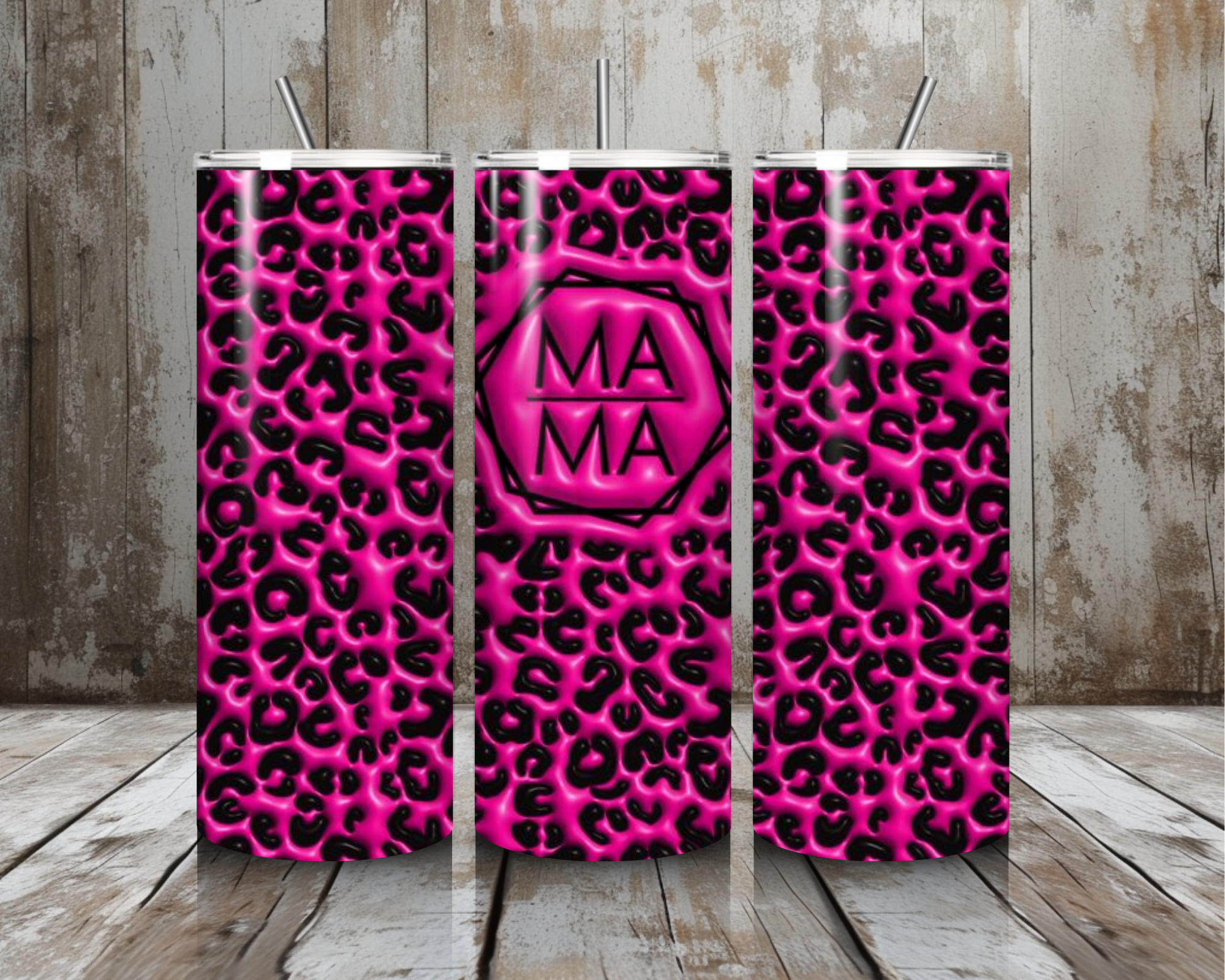 20 oz Cheetah Mama Stainless Steel Tumbler – Hot Pink Leopard “MAMA” Badge (Lid + Straw)