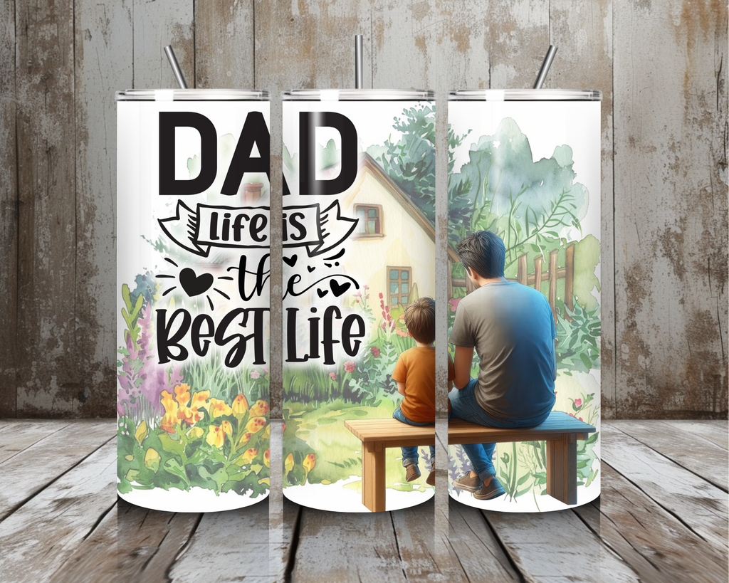 20 oz “Dad, Life Is the Best Life” Stainless Steel Tumbler – Watercolor Garden Scene (Lid + Straw)