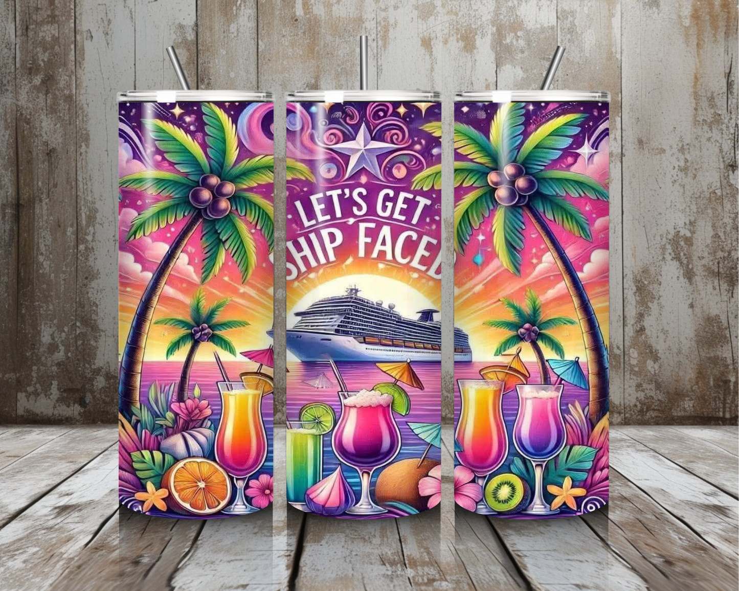 20 oz “Let’s Get Ship Faced” Cruise Stainless Steel Tumbler – Tropical Cocktail Night Scene (Lid + Straw)