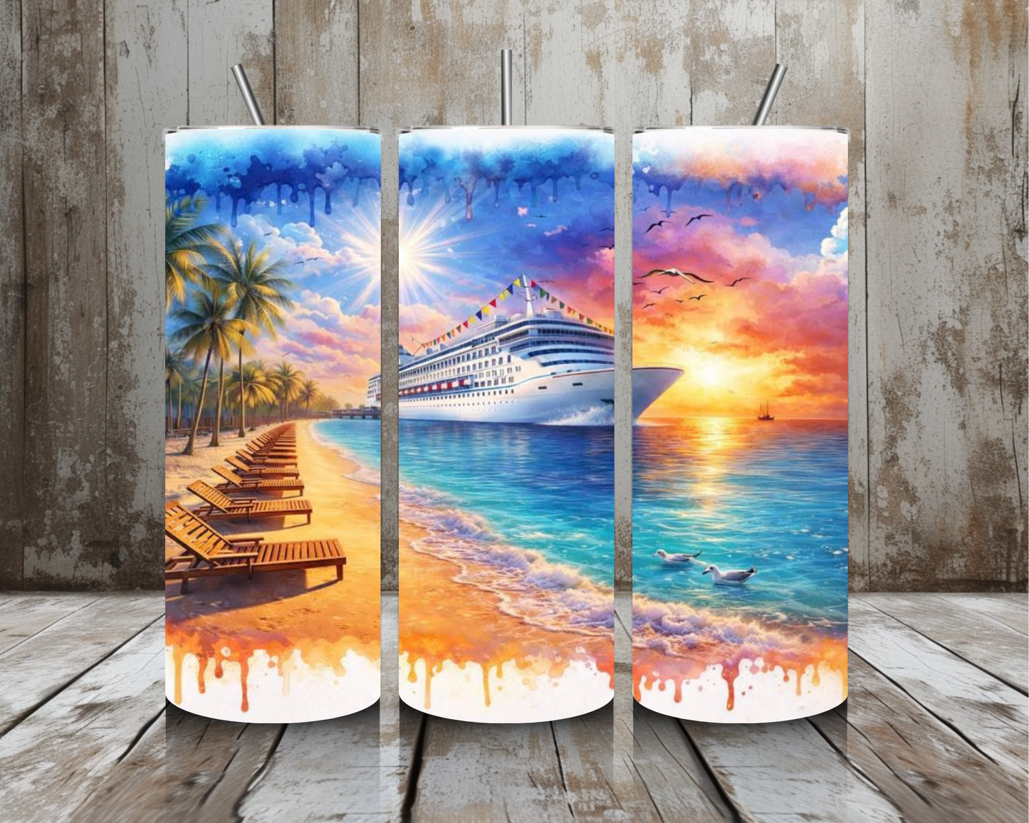 20 oz Tropical Cruise Sunset Stainless Steel Tumbler – Beach & Ocean Vacation Scene (Lid + Straw)
