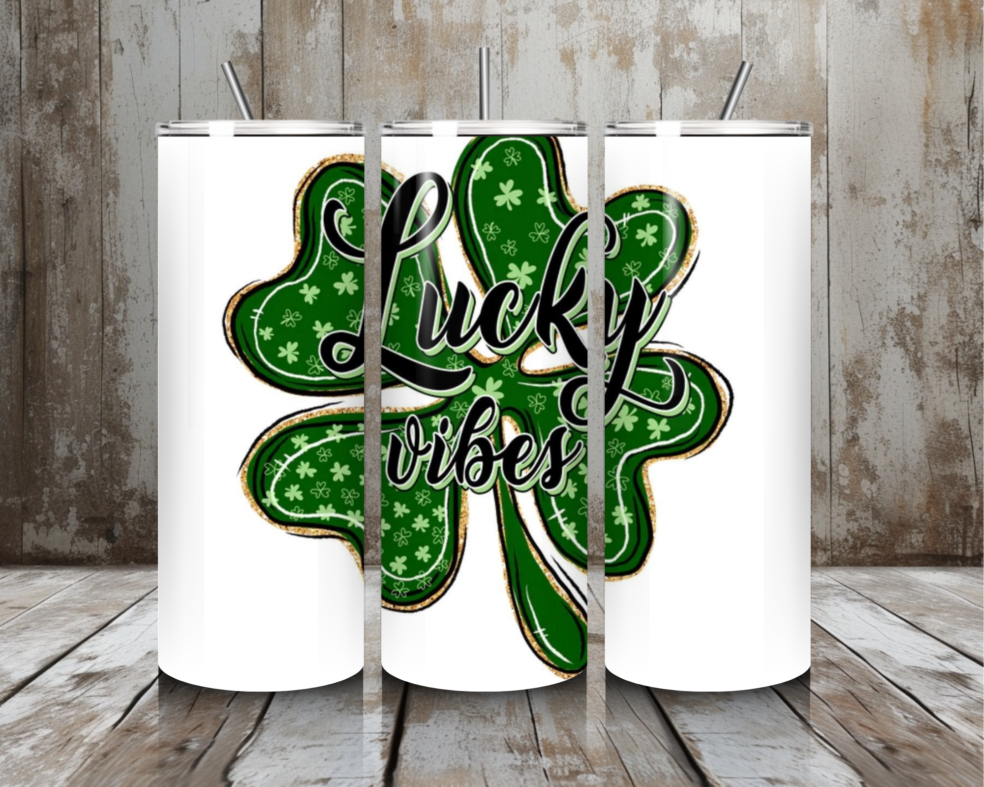 20 oz Lucky Vibes Shamrock Tumbler – Green Clover + Gold Glitter Outline (Lid + Straw)