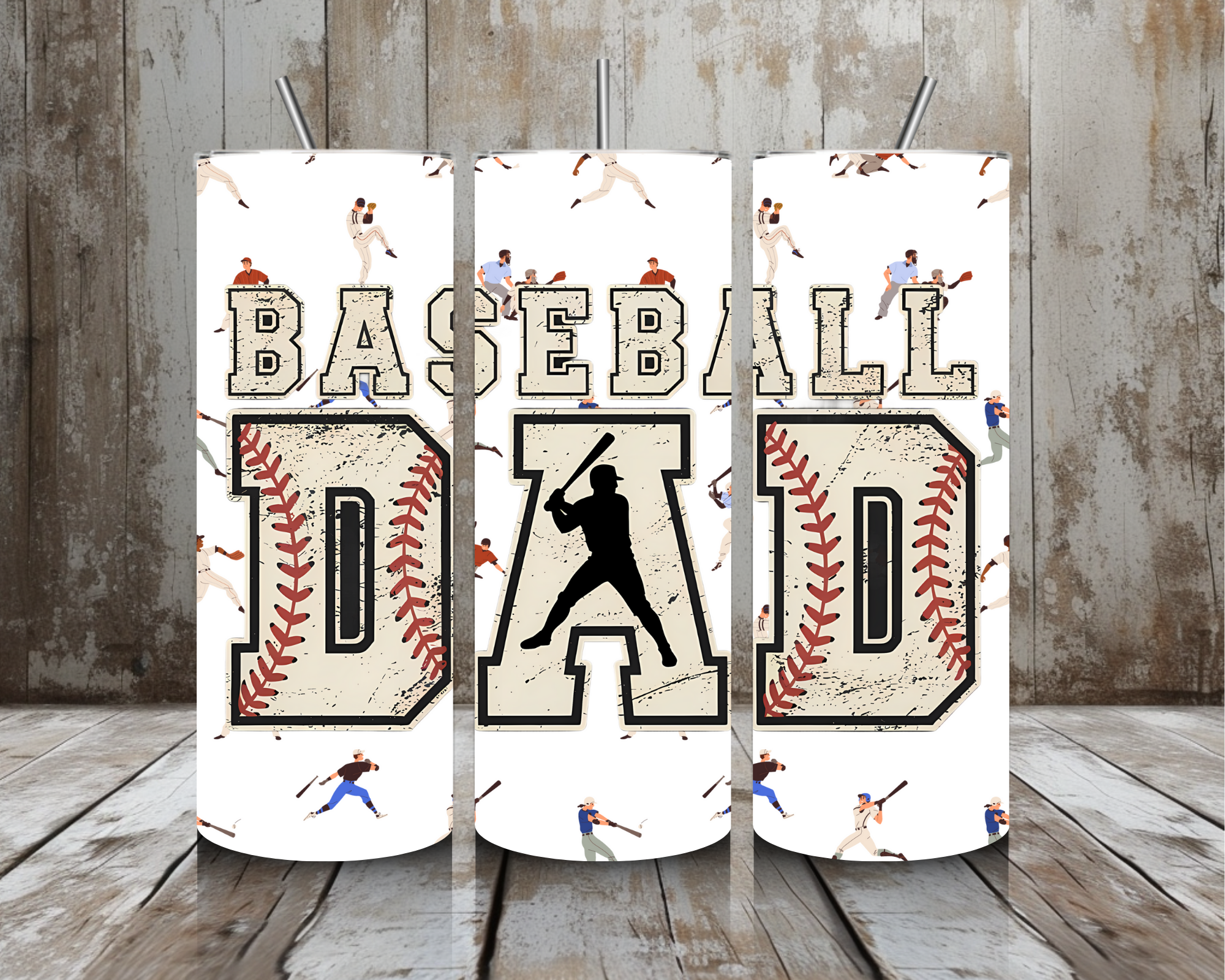 20 oz Baseball Dad Stainless Steel Tumbler – Vintage Sports Lettering (Lid + Straw)