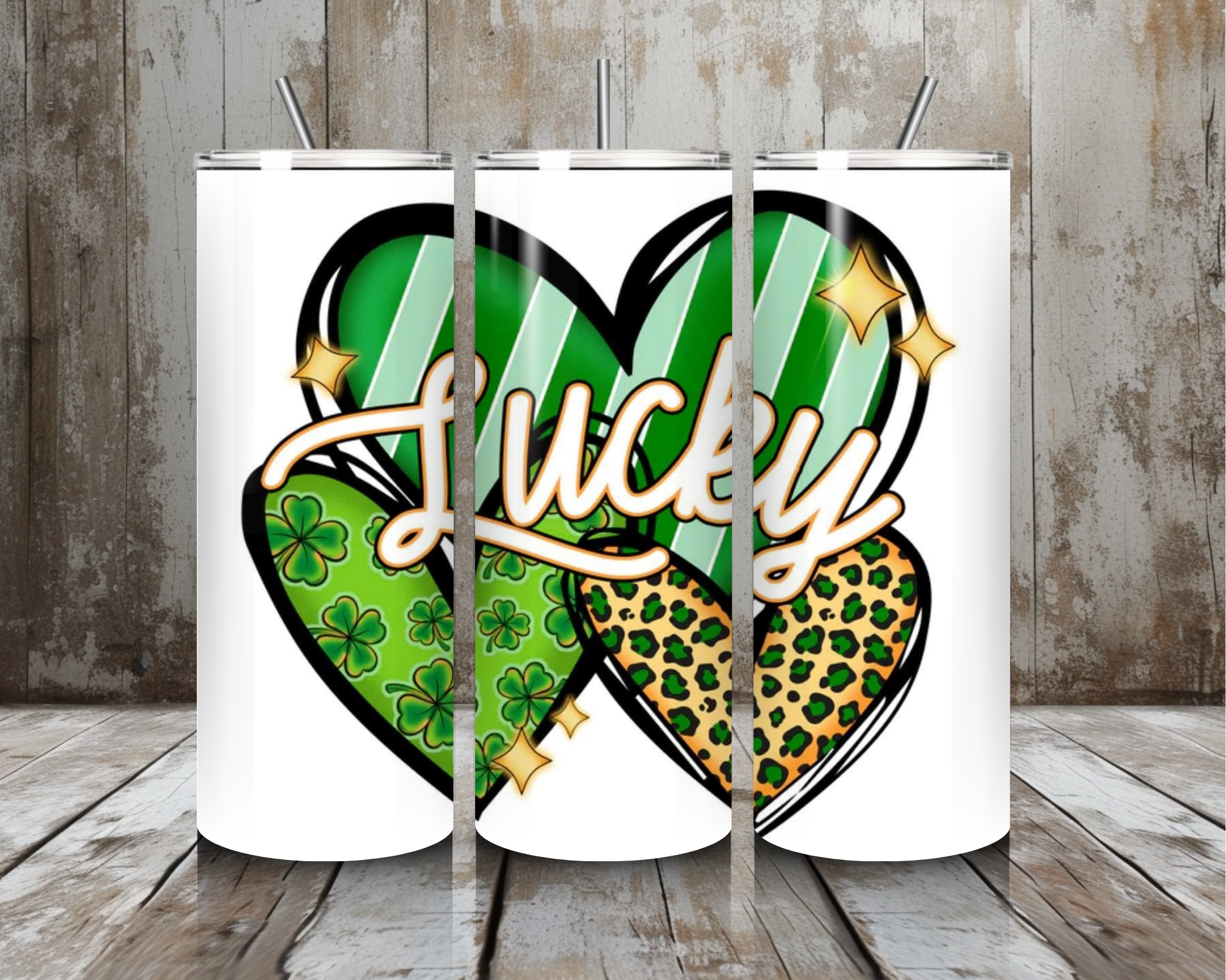 20 oz Lucky Heart Patchwork Tumbler – Clover + Green Stripes + Leopard Print (Lid + Straw)