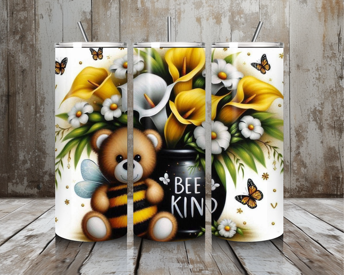 20 oz “Bee Kind” Stainless Steel Tumbler – Bee Bear & Yellow/White Floral Bouquet (Lid + Straw)