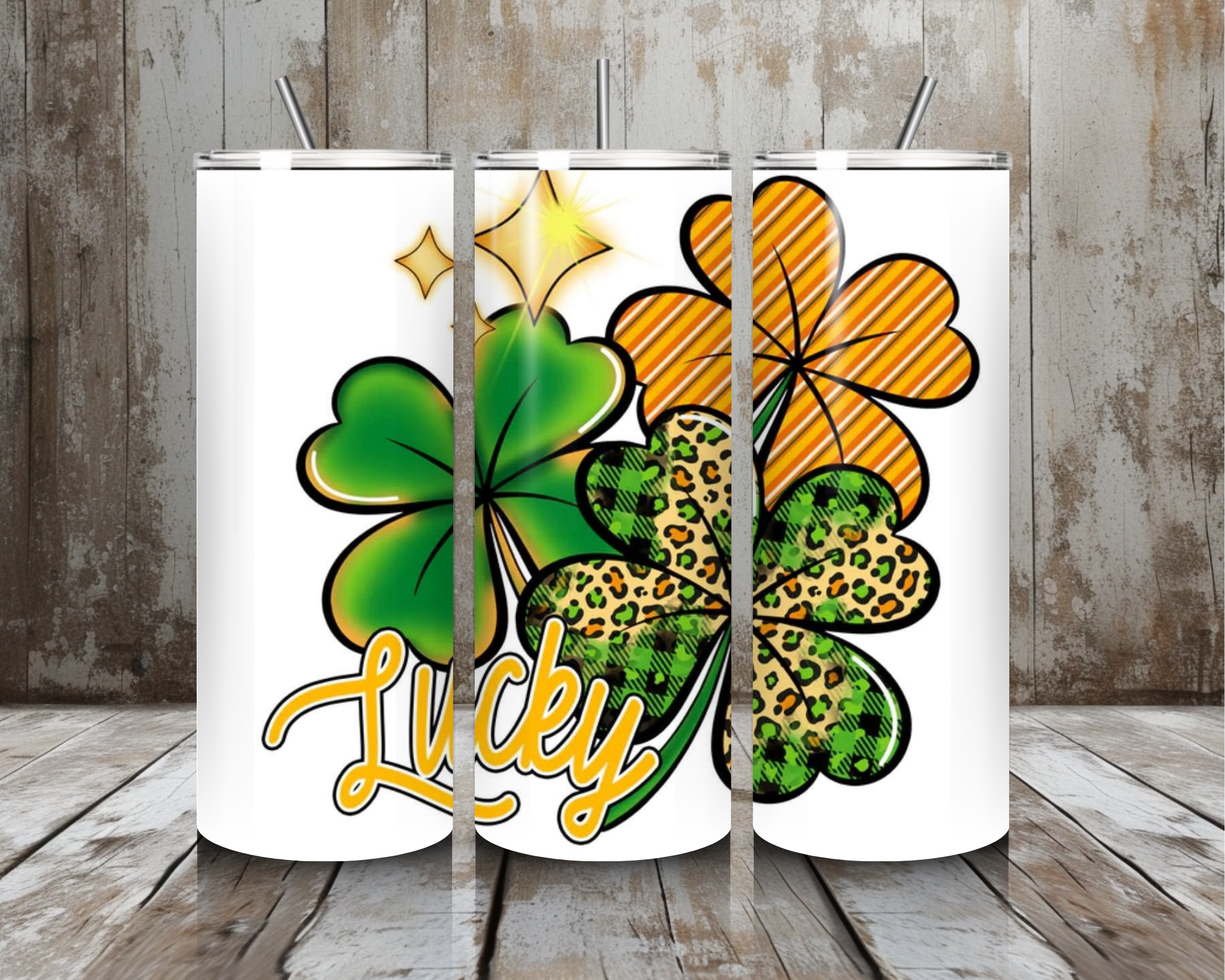 20 oz Lucky Clover Trio Tumbler – Green + Leopard + Orange Stripes (Lid + Straw)