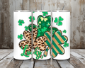 20 oz Lucky Shamrock Tumbler – Leopard Print & Gold Glitter Green Clover Design (Lid + Straw)