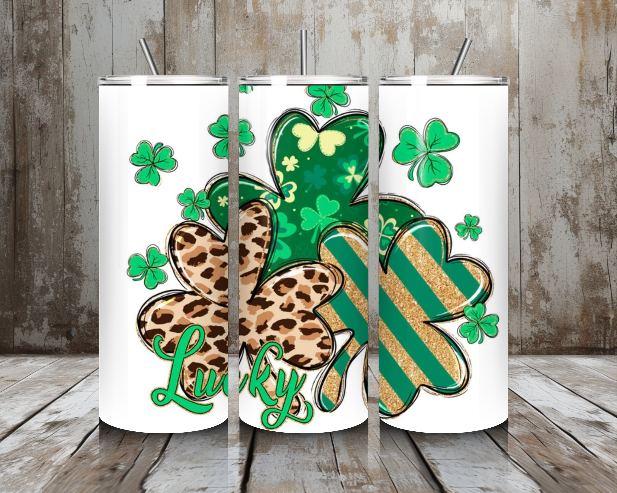 20 oz Lucky Shamrock Tumbler – Leopard Print & Gold Glitter Green Clover Design (Lid + Straw)