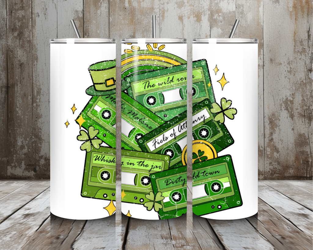 20 oz St. Patrick’s Day Mixtape Tumbler – Green Cassette Clover Retro Design (Lid + Straw)