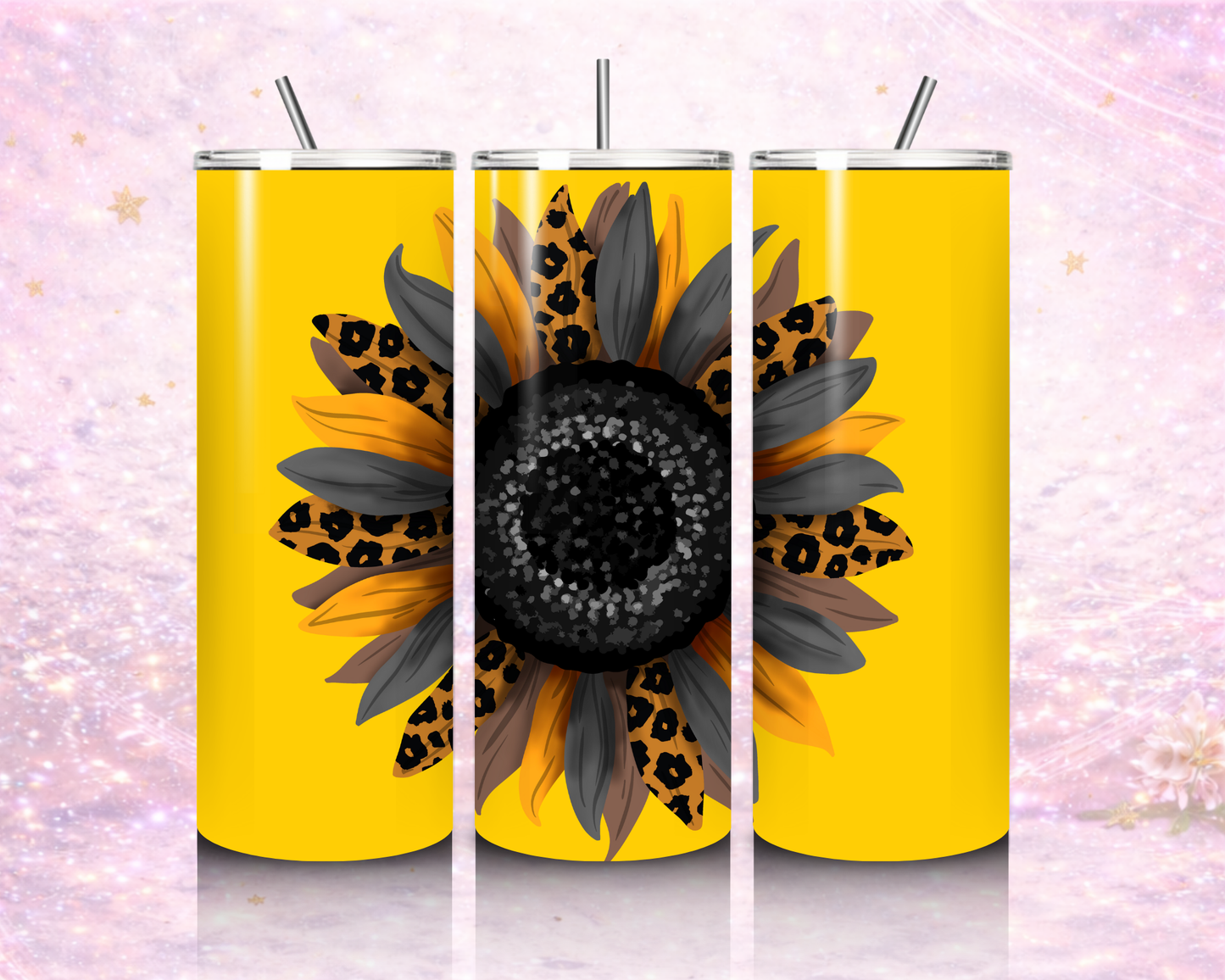 20 oz Leopard Sunflower Stainless Steel Tumbler – Bold Yellow Background (Lid + Straw)