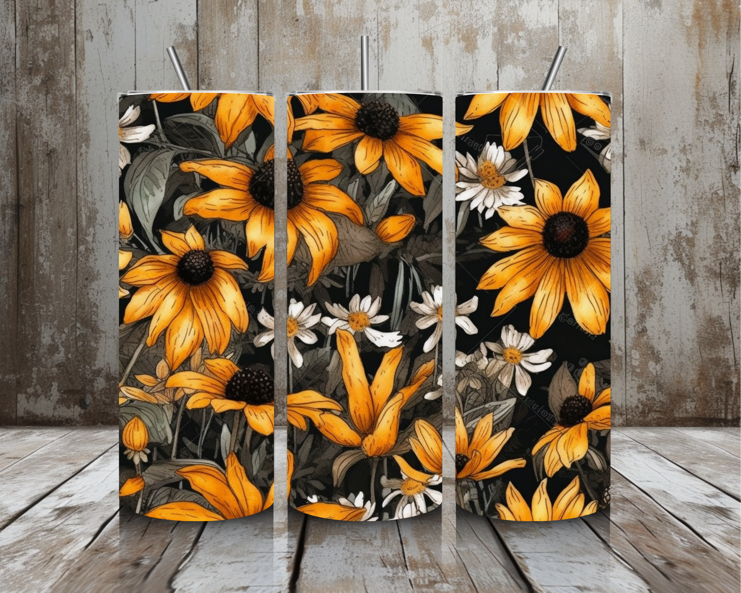 20 oz Black-Eyed Susan Stainless Steel Tumbler – Golden Wildflower Floral on Dark Background (Lid + Straw)