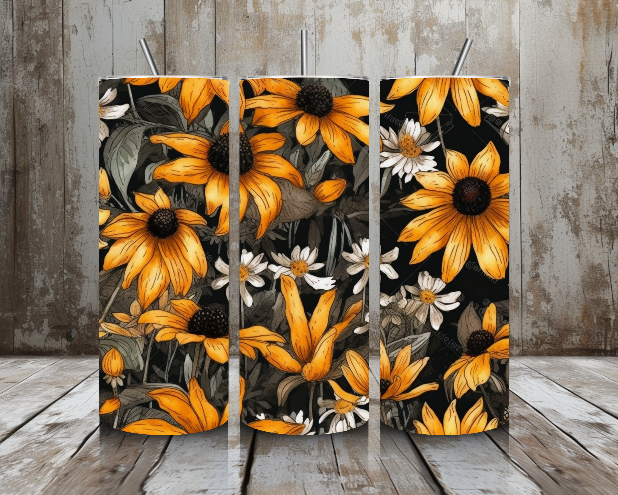 20 oz Black-Eyed Susan Stainless Steel Tumbler – Golden Wildflower Floral on Dark Background (Lid + Straw)