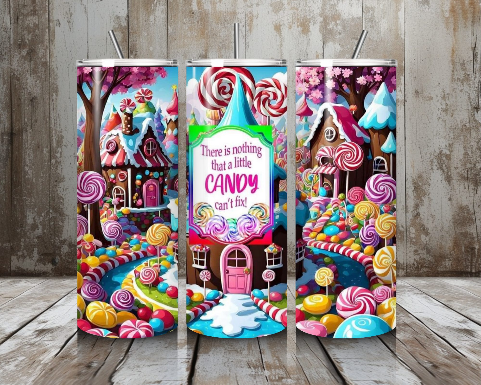 20 oz Candyland Dream Stainless Steel Tumbler – “Nothing a Little Candy Can’t Fix” (Lid + Straw)