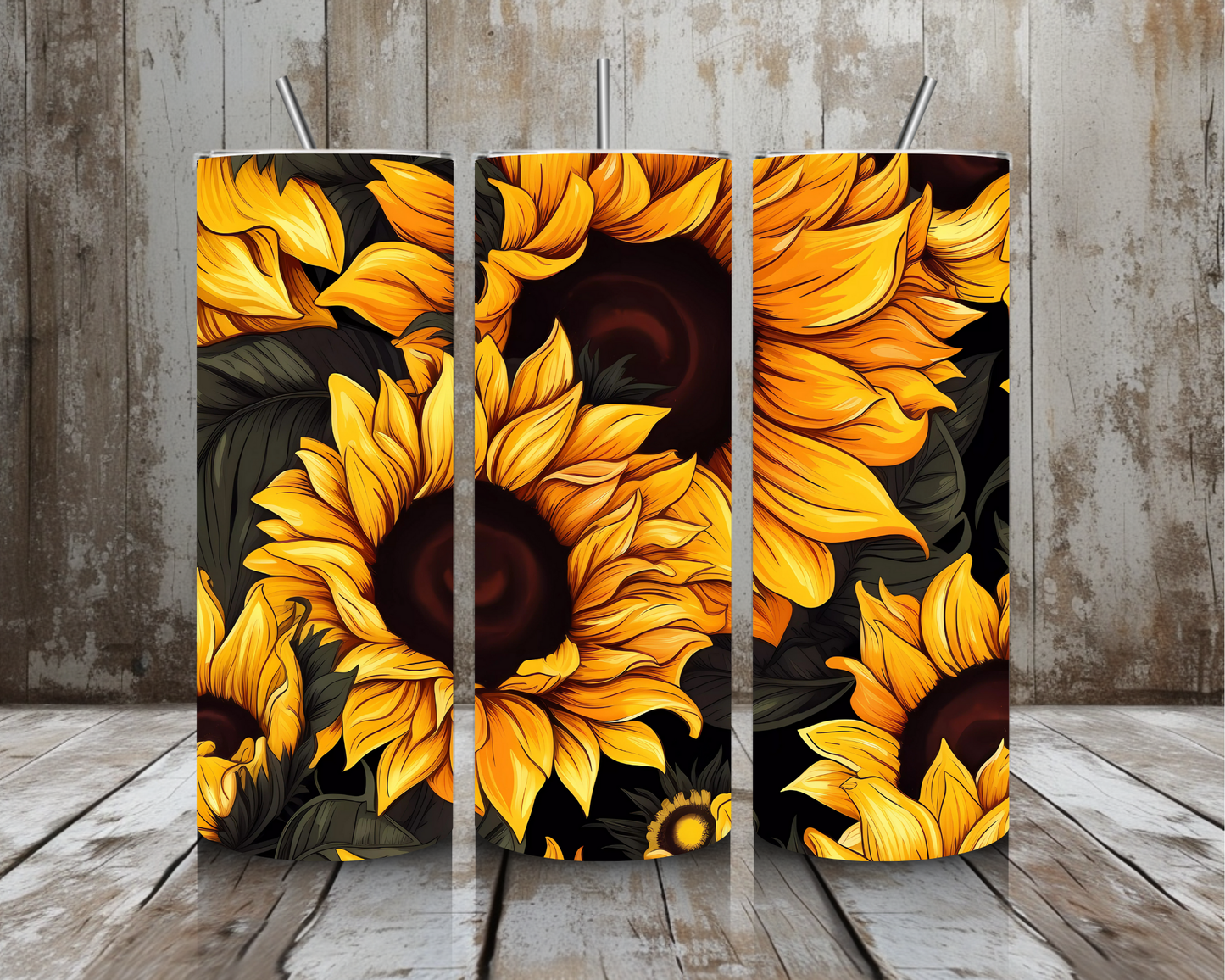 20 oz Sunflower Stainless Steel Tumbler – Bold Golden Sunflowers on Black (Lid + Straw)