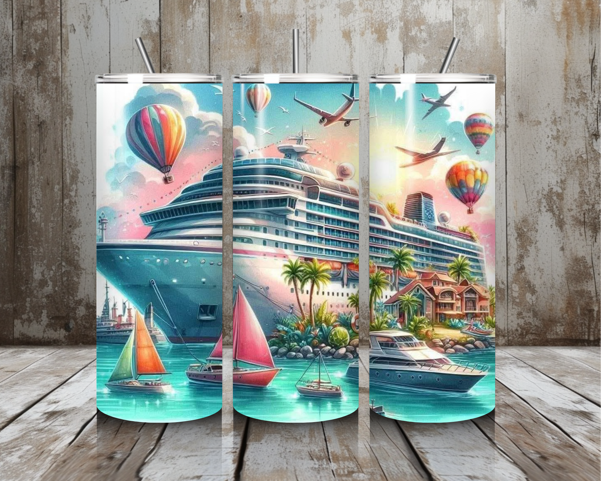 20 oz Cruise Life Stainless Steel Tumbler – Tropical Harbor Travel Scene (Lid + Straw)