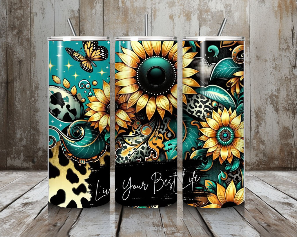 20 oz Live Your Best Life Sunflower Leopard Teal Stainless Steel Tumbler – Lid + Stainless Steel Straw