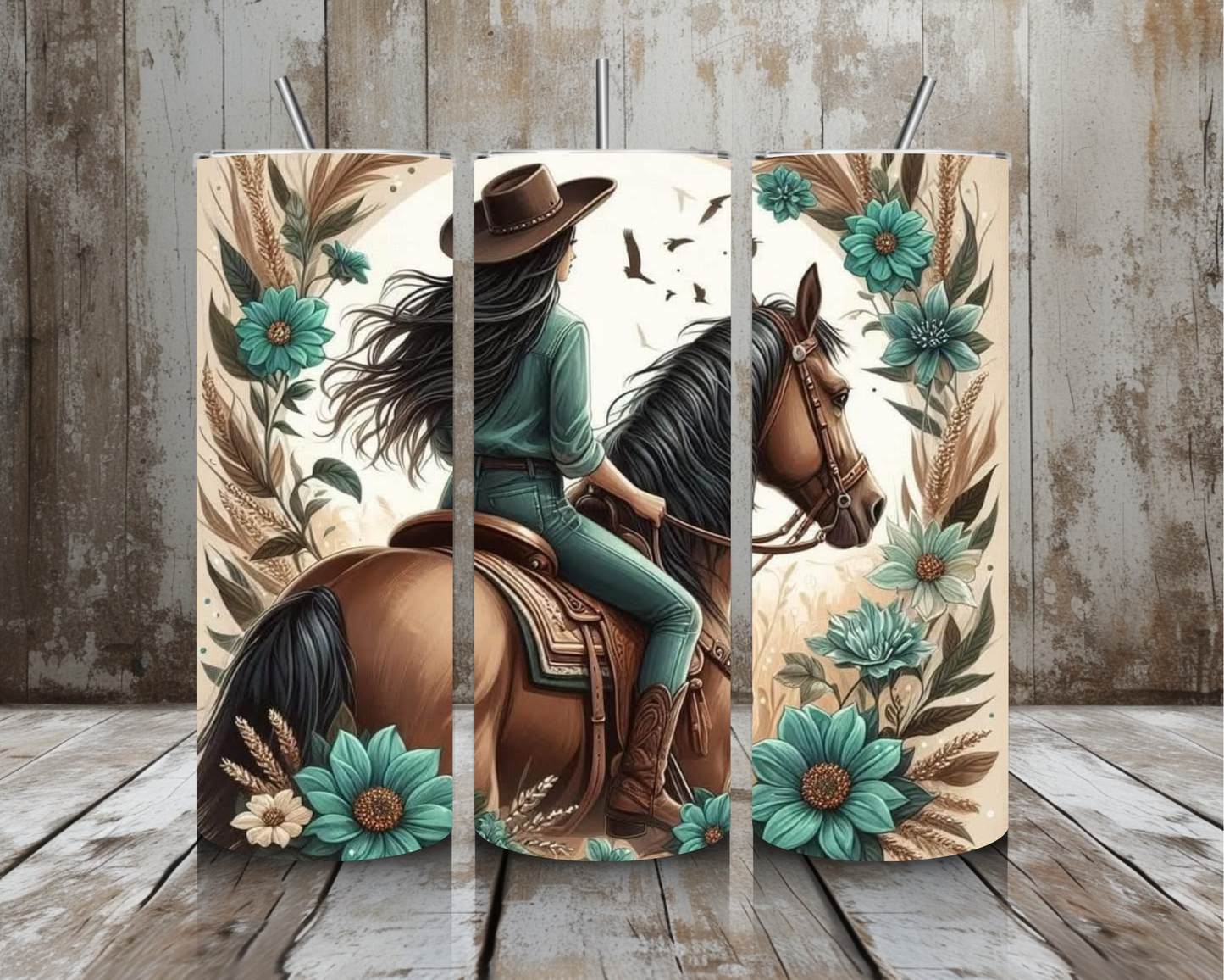 20 oz Western Cowgirl Stainless Steel Tumbler – Horseback Rider & Teal Floral Boho Design (Lid + Straw)