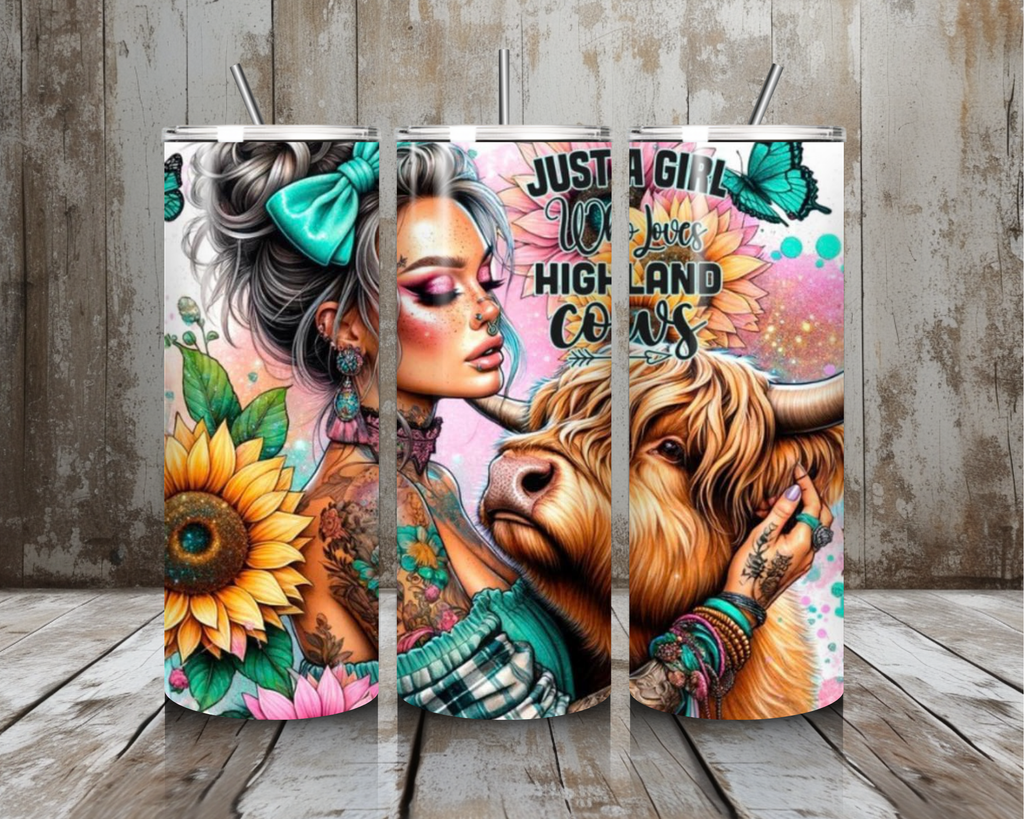20 oz “Just a Girl Who Loves Highland Cows” Stainless Steel Tumbler – Sunflower & Teal Bow Cow Lover Design (Lid + Straw)