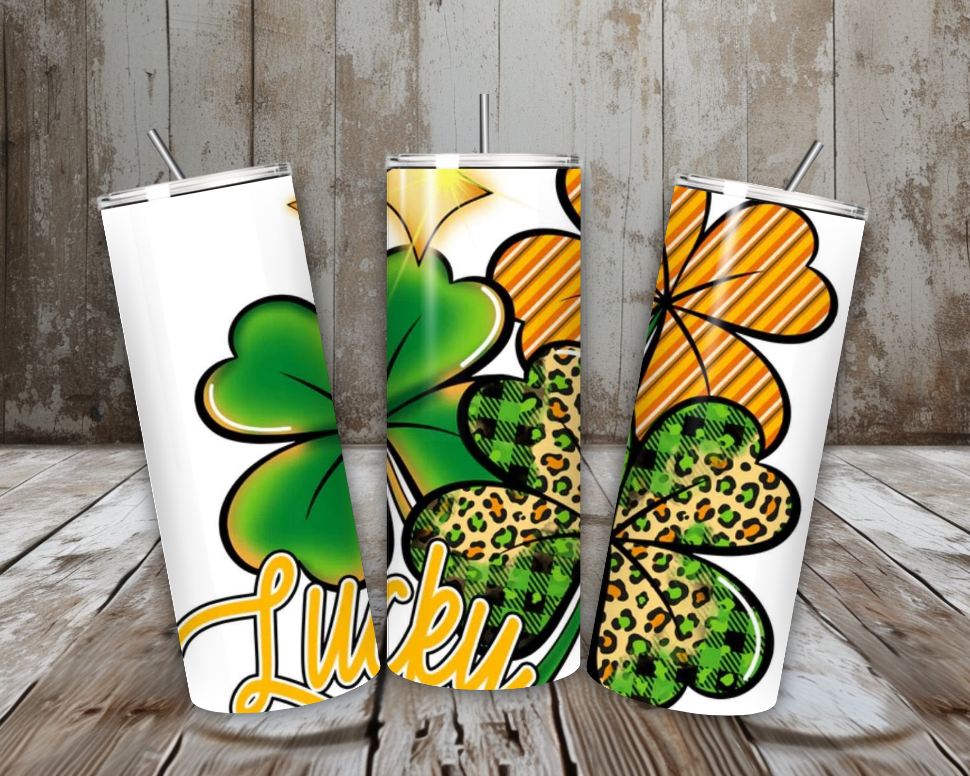 20 oz Lucky Clover Trio Tumbler – Green + Leopard + Orange Stripes (Lid + Straw)