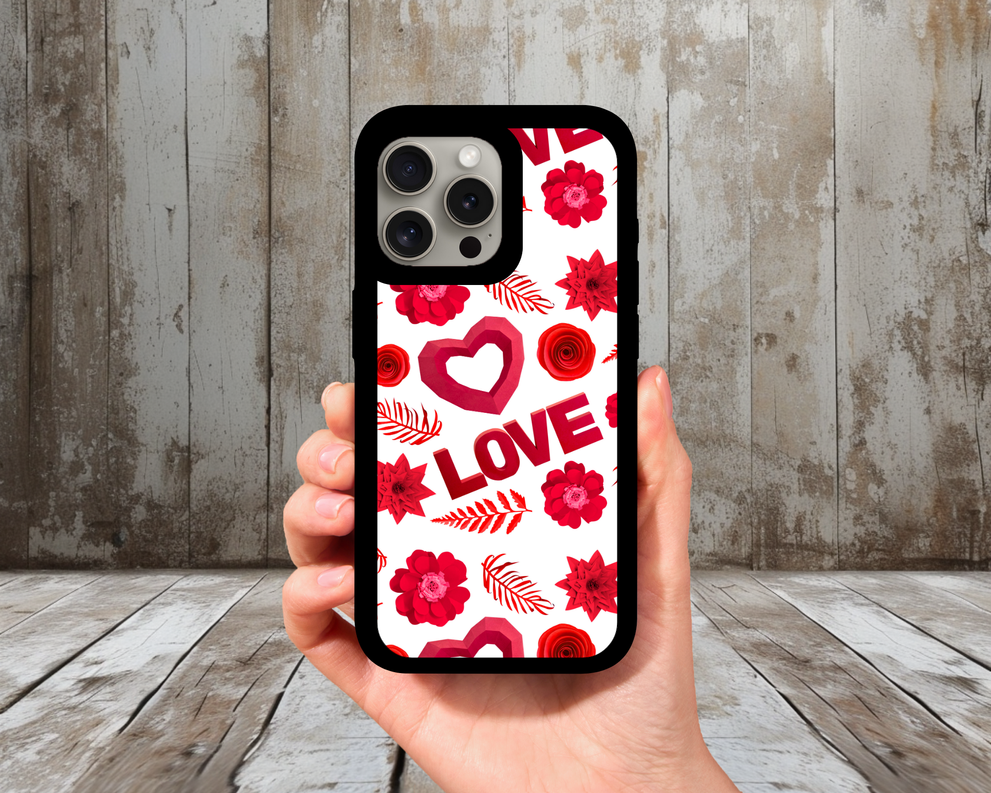 Love + Red Floral iPhone Case (Light Glitter Insert)