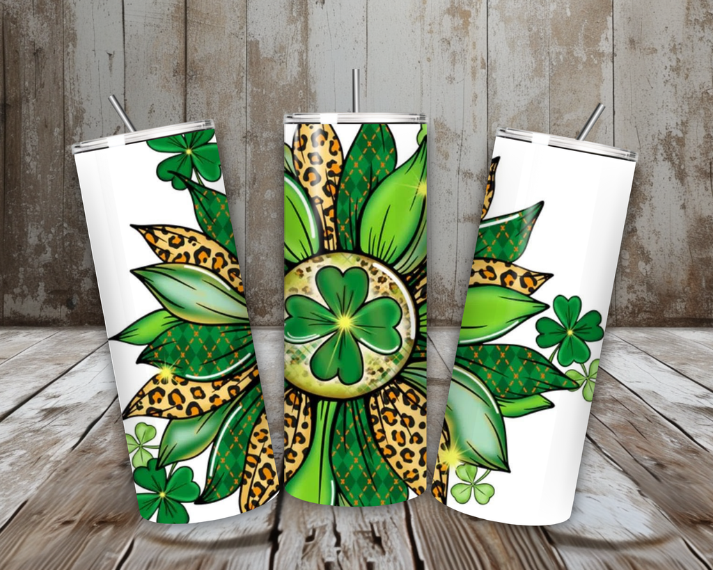 20 oz Lucky Shamrock Sunflower Tumbler – Leopard + Plaid Green St. Patrick’s Day (Lid + Straw)