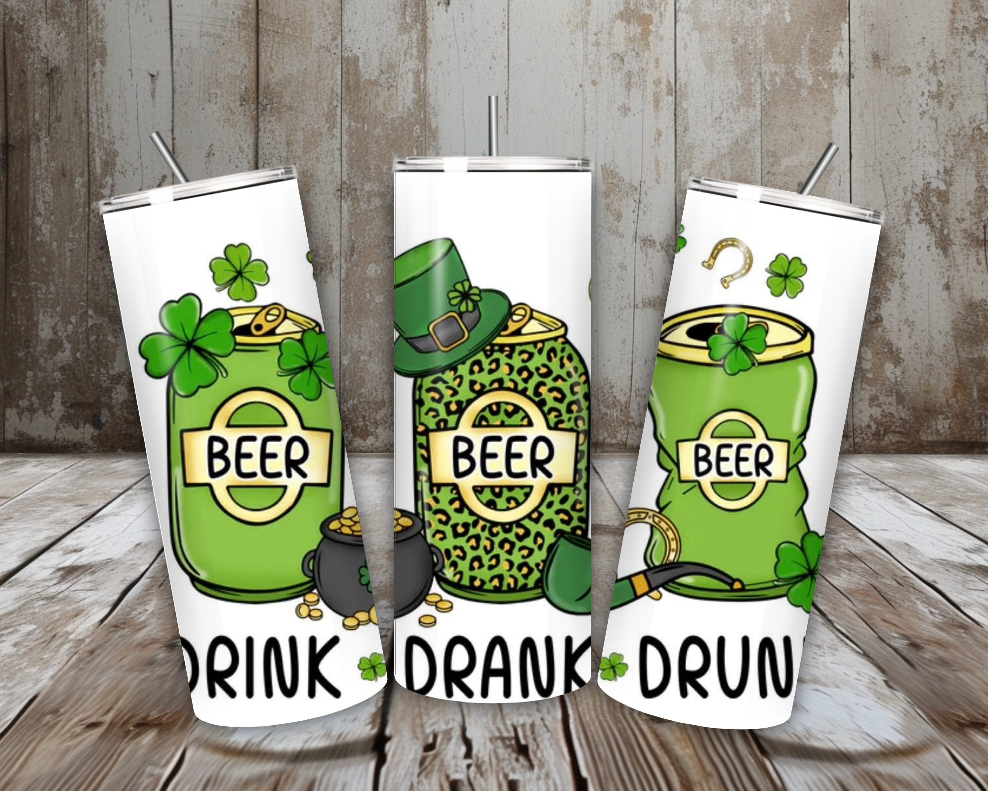 20 oz Drink Drank Drunk St. Patrick’s Day Tumbler – Shamrock Beer Can Graphic (Lid + Straw)