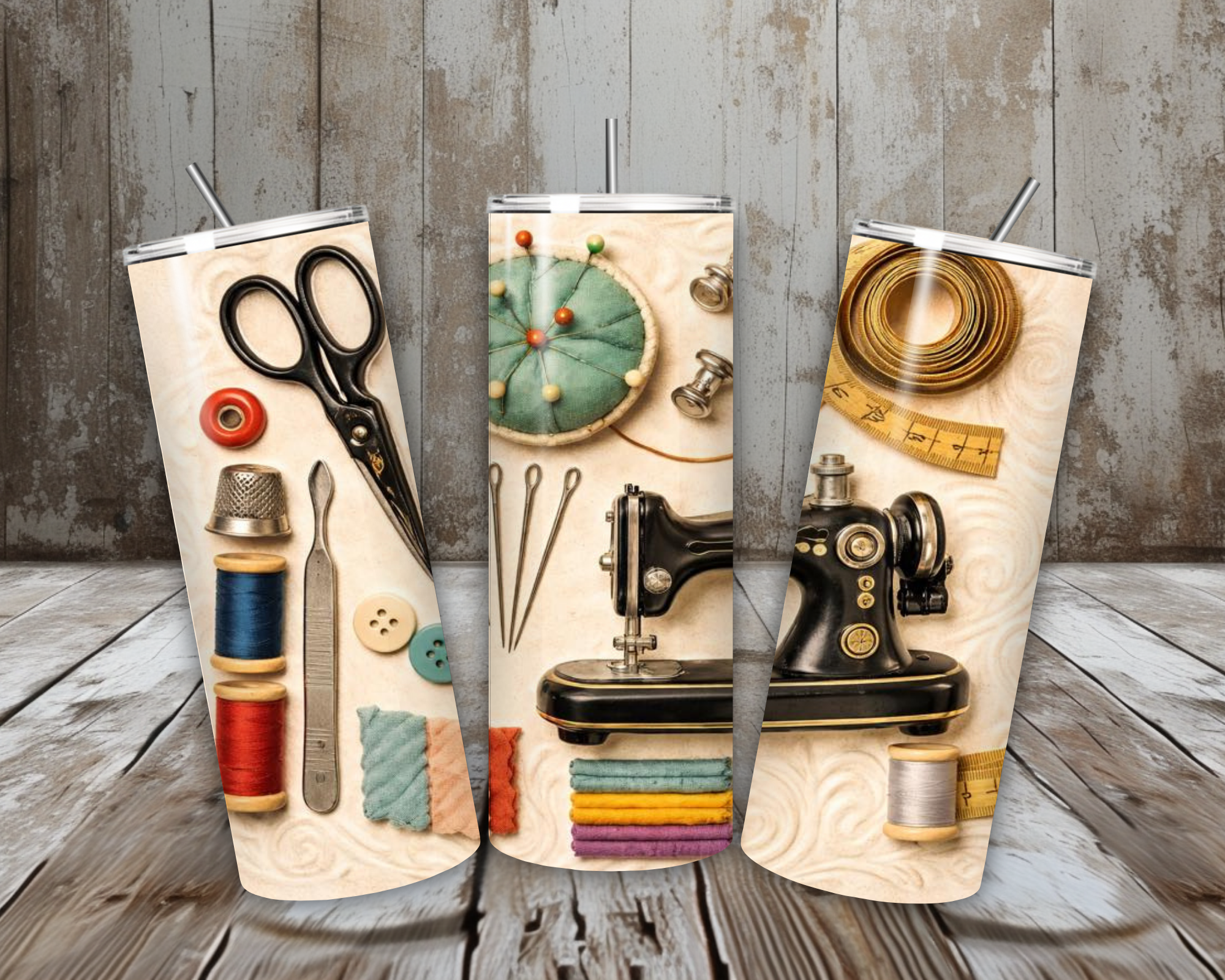 20 oz Vintage Black Sewing Machine & Notions Stainless Steel Tumbler – Lid + Stainless Steel Straw