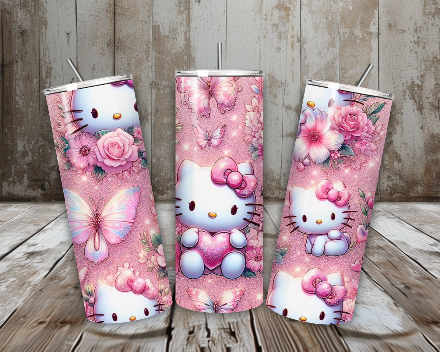 20 oz Pink Kitty Floral Butterfly Glitter Stainless Steel Tumbler – Lid + Stainless Steel Straw