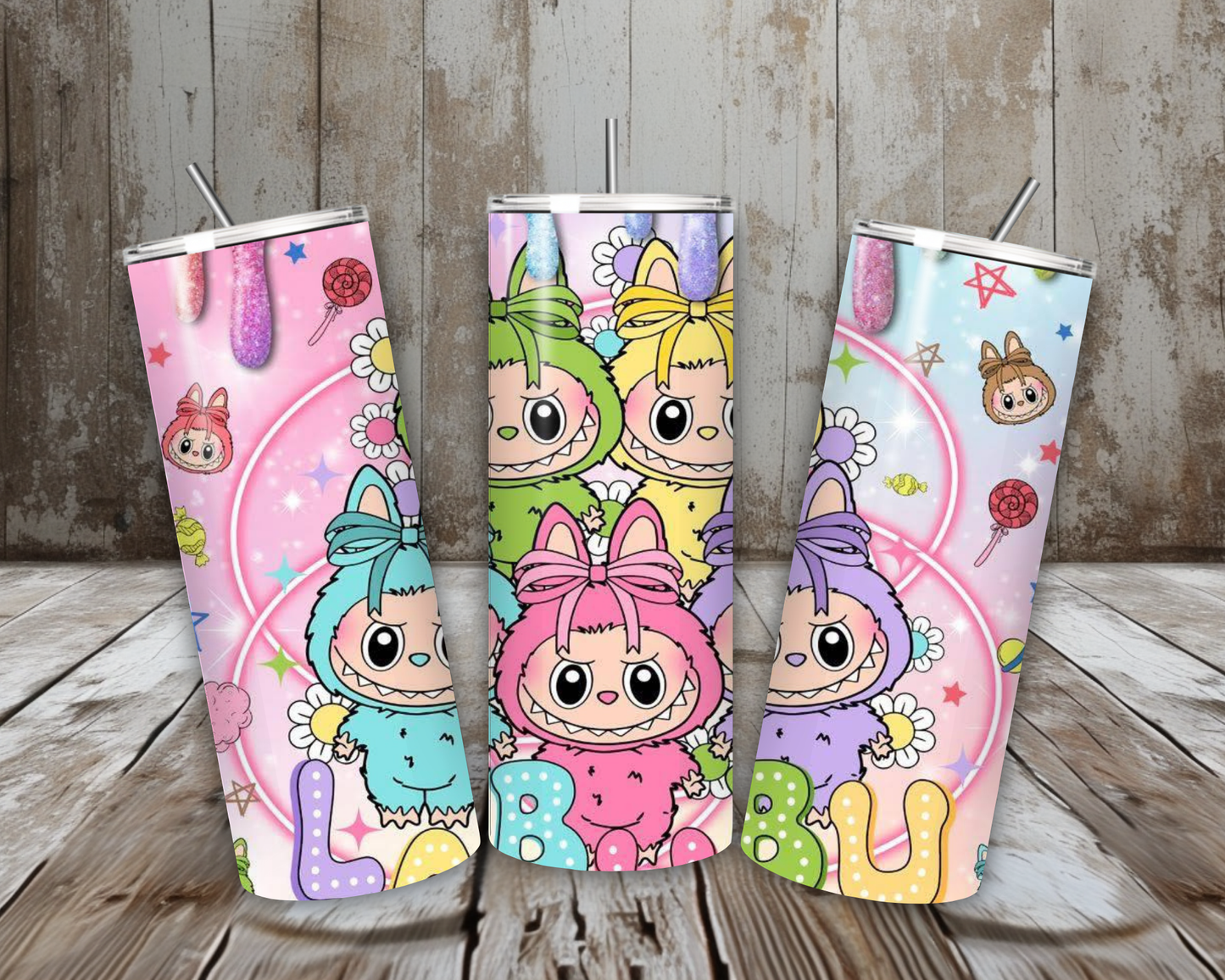 20 oz LaBuBu Candy Drip Pastel Kawaii Stainless Steel Tumbler – Lid + Stainless Steel Straw