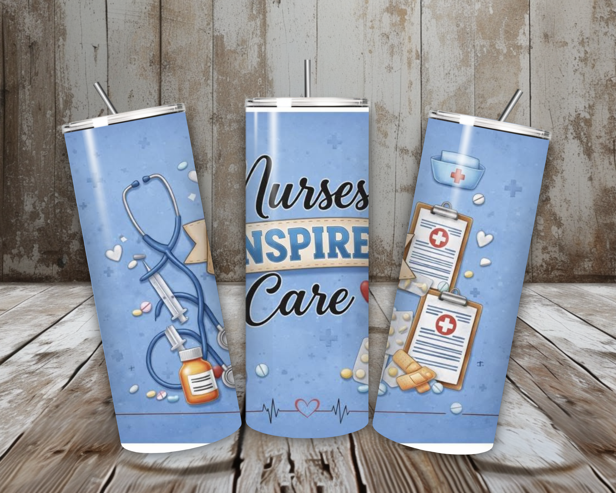 20 oz Nurses Inspire Care Stethoscope Stainless Steel Tumbler – Lid + Stainless Steel Straw