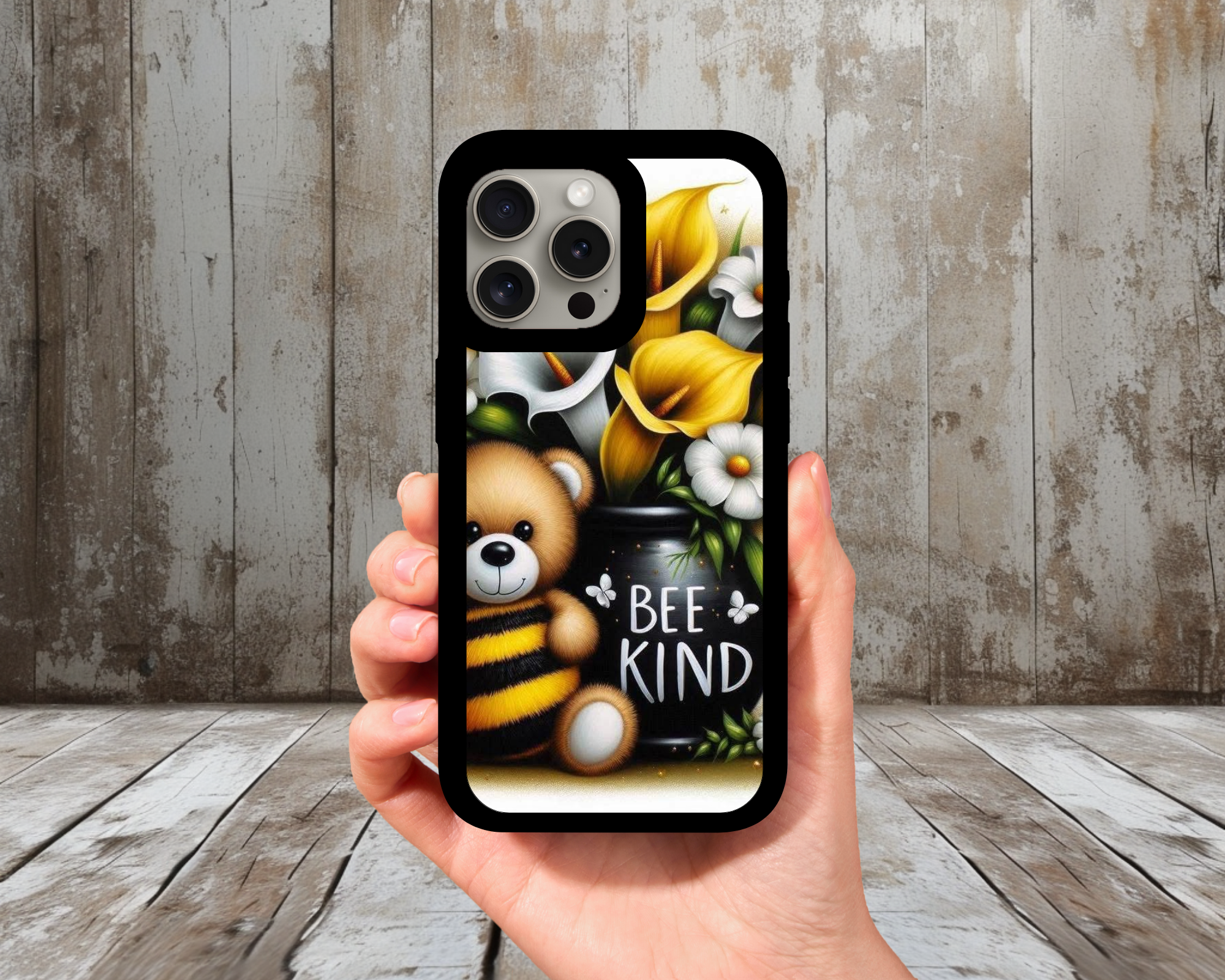 Bee Kind Teddy & Florals iPhone Case (Light Glitter Insert)