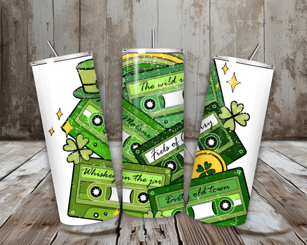 20 oz St. Patrick’s Day Mixtape Tumbler – Green Cassette Clover Retro Design (Lid + Straw)