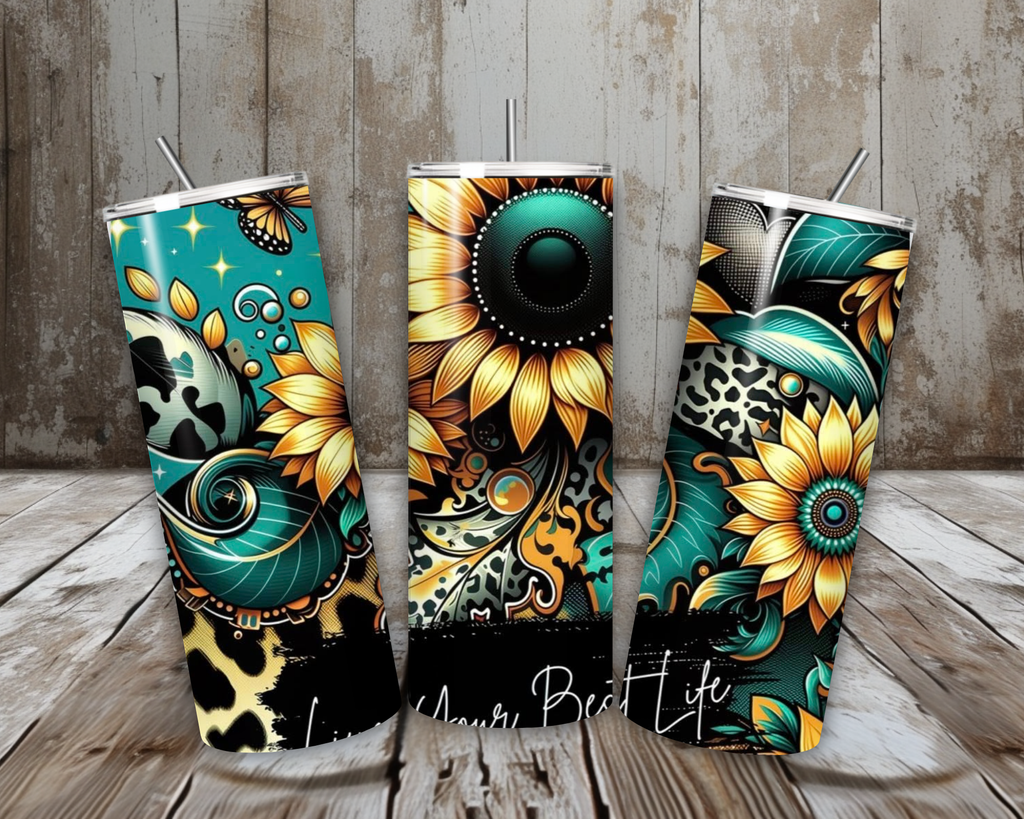 20 oz Live Your Best Life Sunflower Leopard Teal Stainless Steel Tumbler – Lid + Stainless Steel Straw