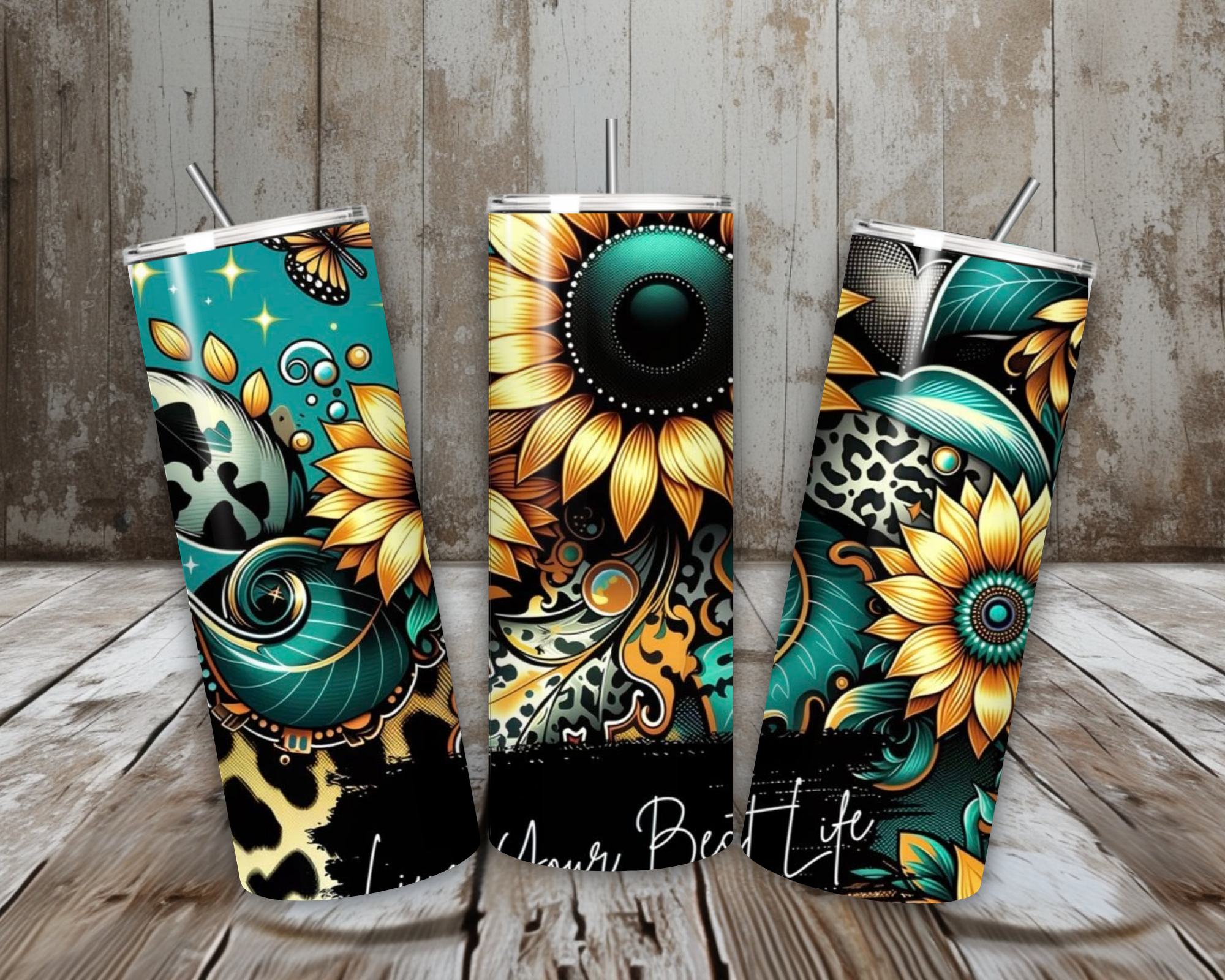 20 oz Live Your Best Life Sunflower Leopard Teal Stainless Steel Tumbler – Lid + Stainless Steel Straw