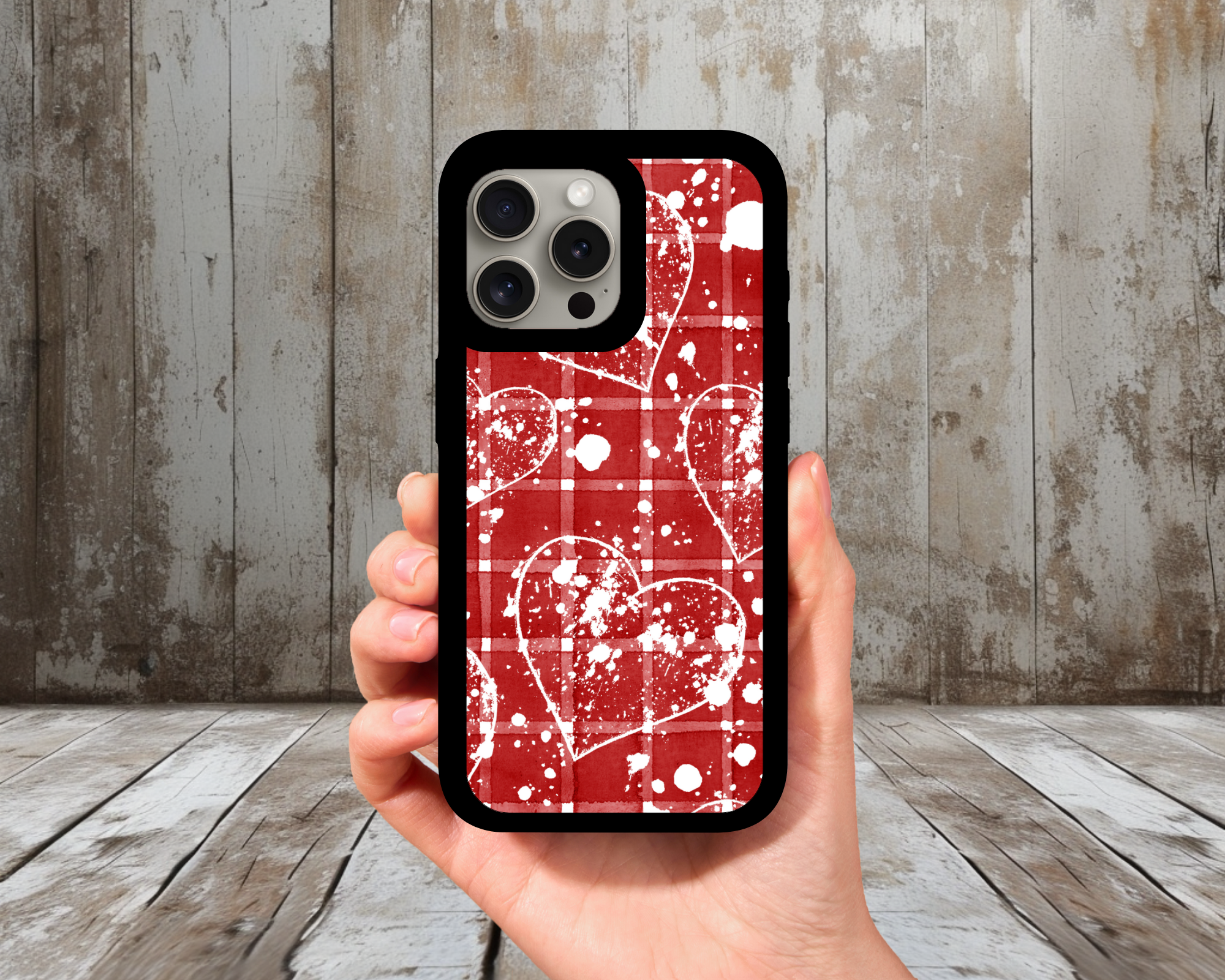 Red Plaid Hearts iPhone Case (Light Glitter Insert)