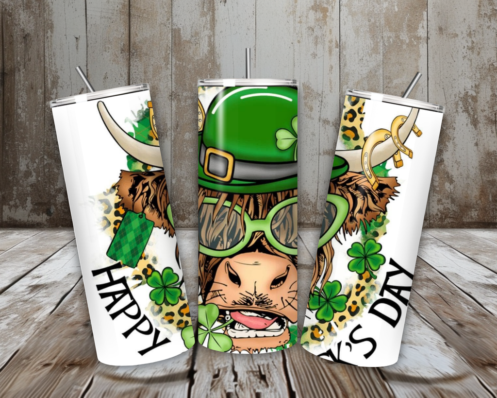 20 oz Happy St. Patrick’s Day Highland Cow Tumbler – Green Hat + Shamrocks (Lid + Straw)